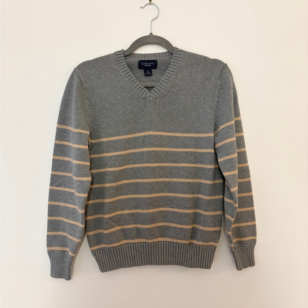 Lands' End V-Neck Drifter 100% Cotton Sweater, gray with tan stripes, small, EUC